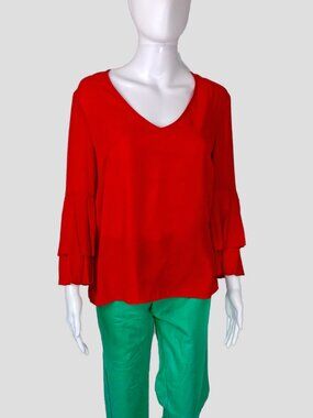 Rose + Olive Red Bell Tier Sleeve Sheer Blouse Top